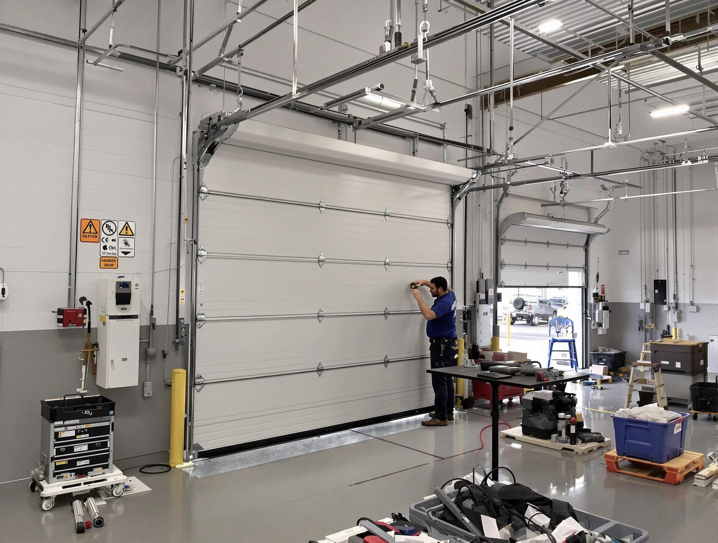 Commercial garage door repair being performed by Pittsford Garage Door Repair expert in Pittsford