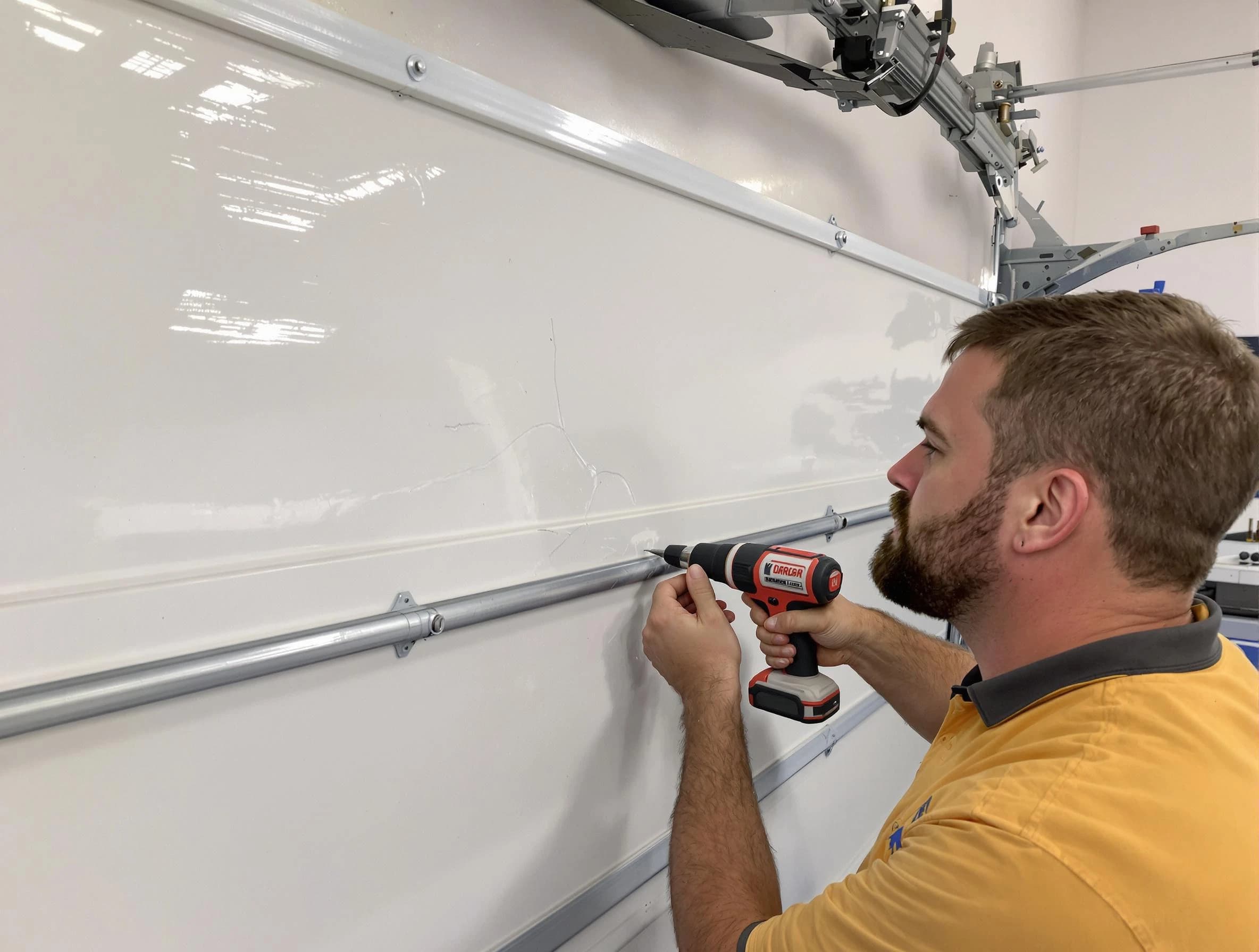 Pittsford Garage Door Repair expert performing dent repair on garage door in Pittsford