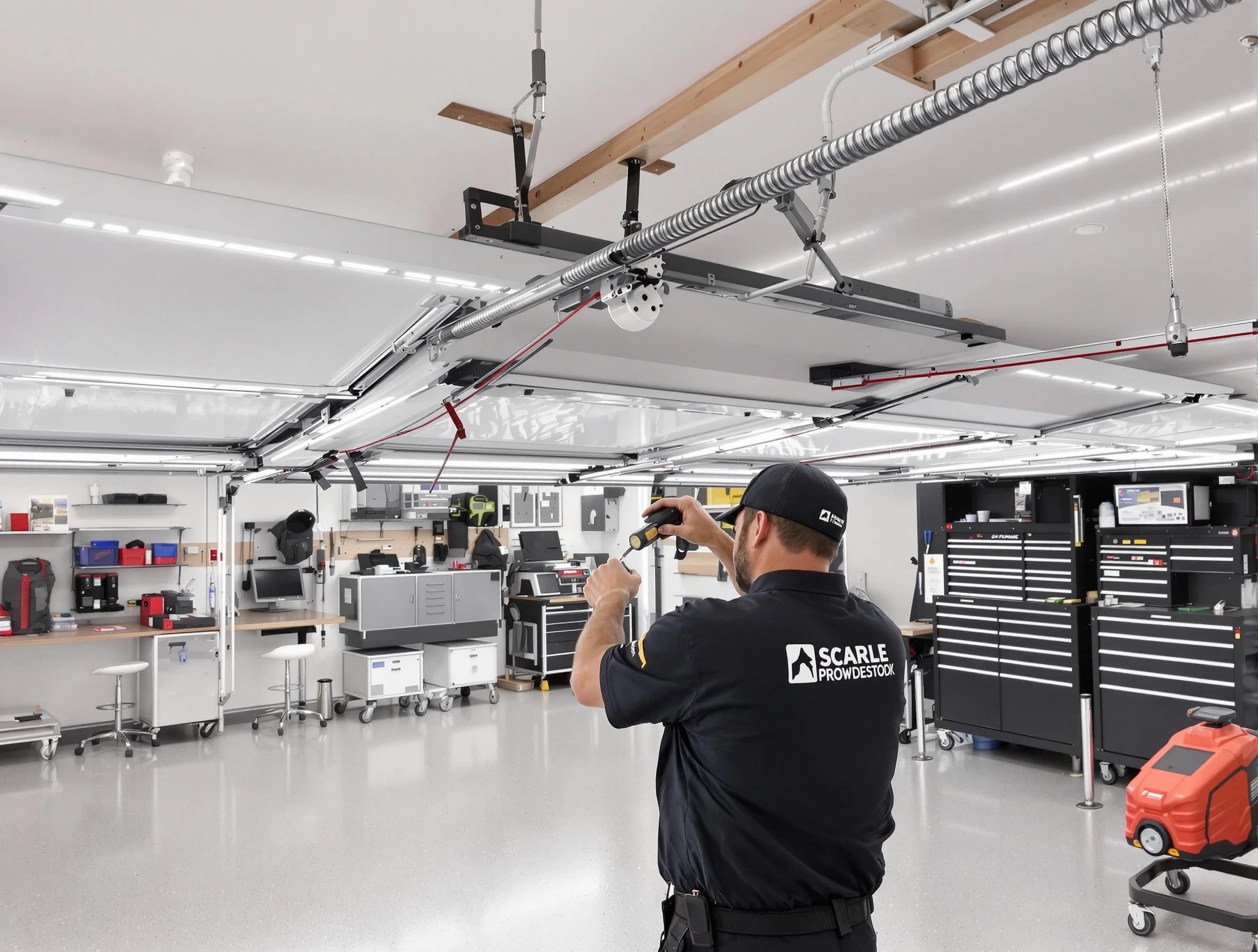 Pittsford Garage Door Repair technician repairing overhead garage door in Pittsford