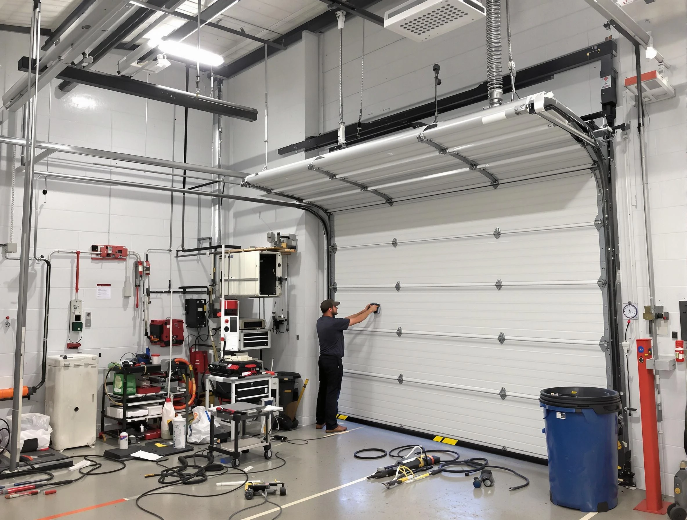 Pittsford Garage Door Repair certified technician performing commercial door repair at a Pittsford business facility