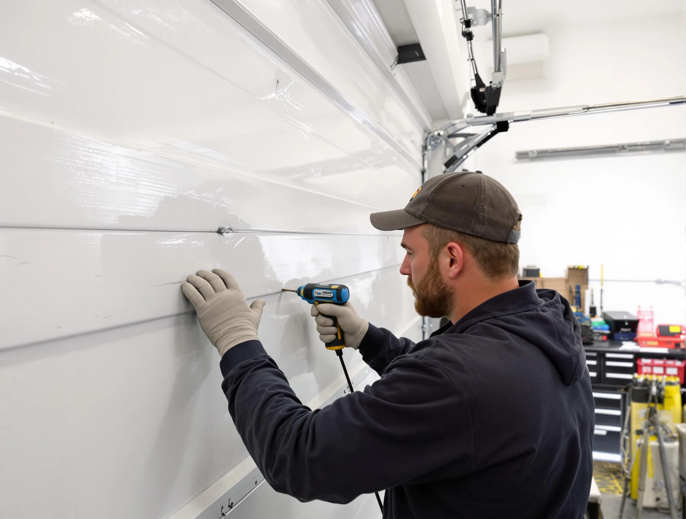 Pittsford Garage Door Repair technician demonstrating precision dent removal techniques on a Pittsford garage door