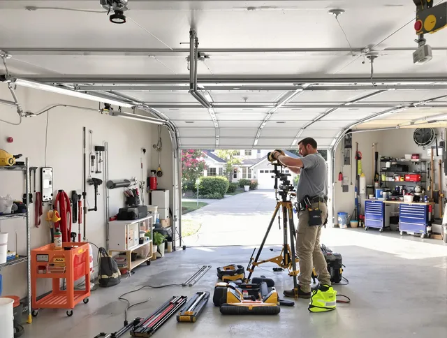 Pittsford Garage Door Repair specialist performing laser-guided track alignment in Pittsford